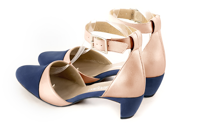 Prussian blue and powder pink women's open side shoes, with a strap around the ankle. Round toe. Low comma heels. Rear view - Florence KOOIJMAN